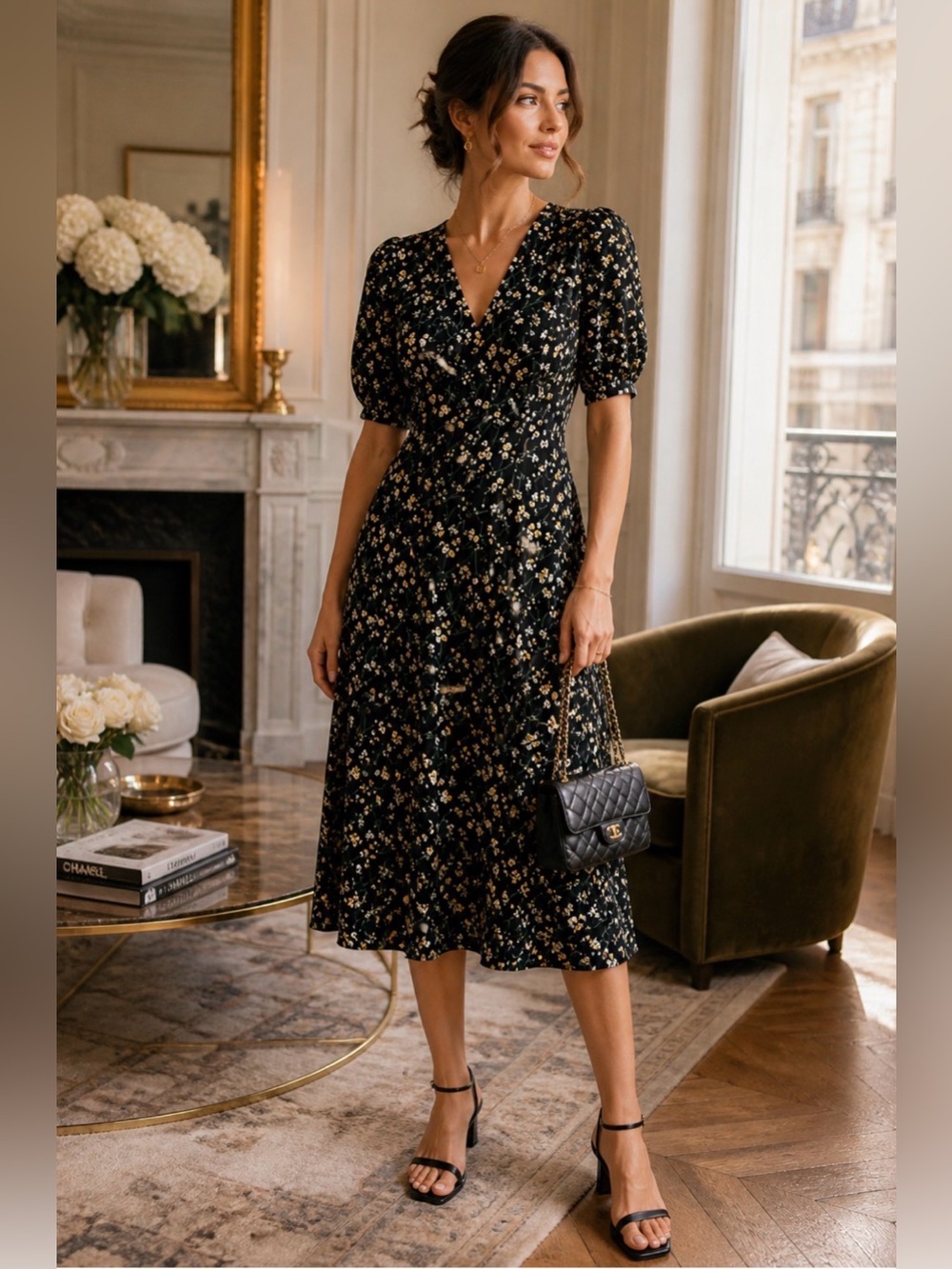 * ba&sh Black Floral Midi Dress Size 0 XS Puff Sleeve Parisian Boho Chic